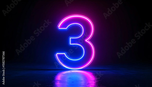 Obraz A glowing neon number three in pink and blue hues stands out against a dark background, creating a vibrant visual contrast