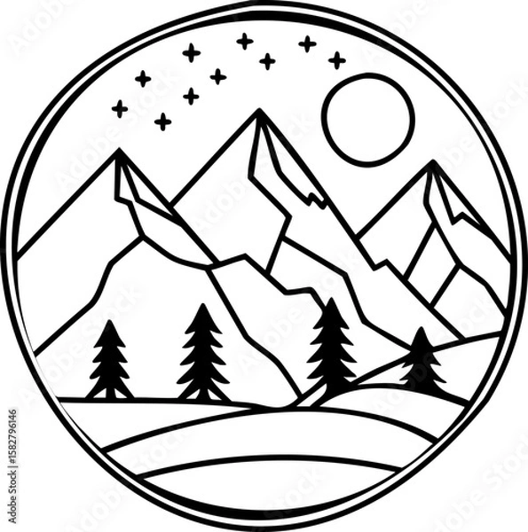 Fototapeta Mountain landscape with pine tree forest under starry sky and moon in circular outline design, peaceful and serene nature scene