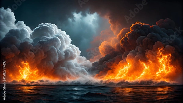 Obraz Dramatic ocean fire and clouds wallpaper background hd stock photo free use
