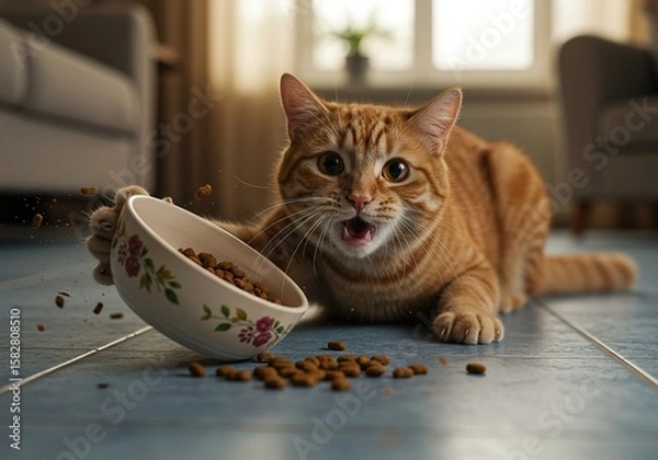 Fototapeta Mischievous Orange Tabby Cat Tipping Over Food Bowl on Kitchen Floor - A candid and humorous close-up shot of an expressive orange tabby cat, caught in the act of knocking over its food bowl.