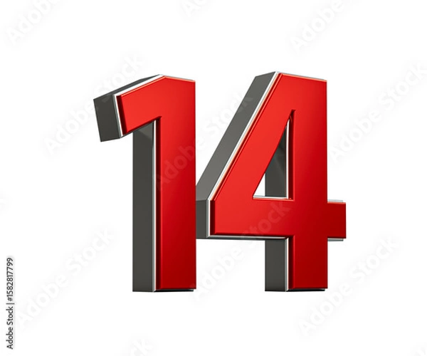 Fototapeta Bold Vibrant Red Number Fourteen Number 14 With Sleek Metallic White Background 3D Illustration