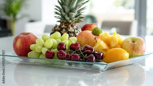 Obraz Refreshing fruit tray with colorful fruits like pineapple, apples, and cherries, beautifully displayed on a glass tray, clean white countertop.