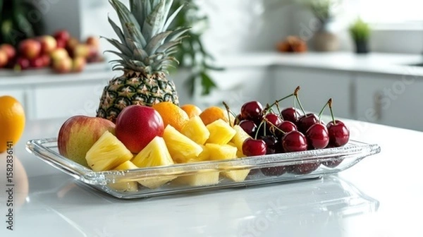 Obraz Refreshing fruit tray with colorful fruits like pineapple, apples, and cherries, beautifully displayed on a glass tray, clean white countertop.