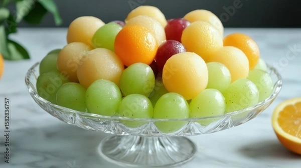 Obraz Refreshing vegan fruit platter with chilled melon balls, grapes, and citrus wedges, served on a glass dish