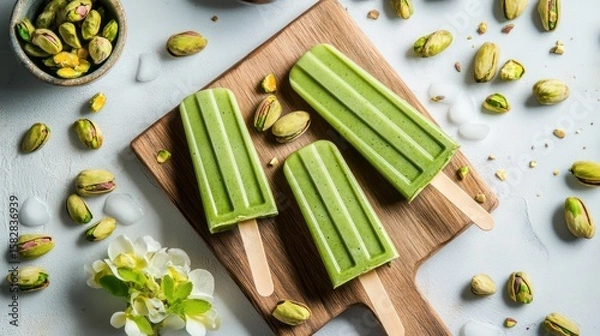 Obraz Refreshing pistachio smoothie frozen as popsicles, vibrant green, set against a bright white background with popsicles on a wooden board