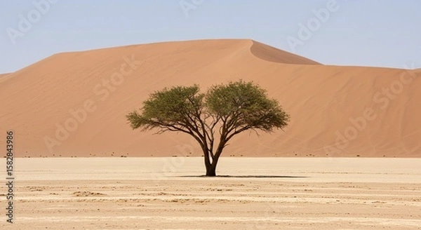 Fototapeta Single Green Tree Standing in Desert with Large Sand Dune Under Clear Sky