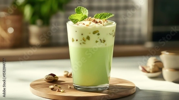 Obraz Smooth pistachio drink with herbal extracts, pastel green, garnished with mint and a sprinkle of nuts, modern kitchen setting