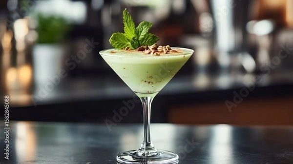 Obraz Smooth pistachio drink with herbal extracts, pastel green, garnished with mint and a sprinkle of nuts, modern kitchen setting