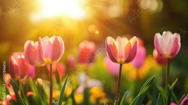 Obraz Portrait of tulips flowers with sunshine in the background