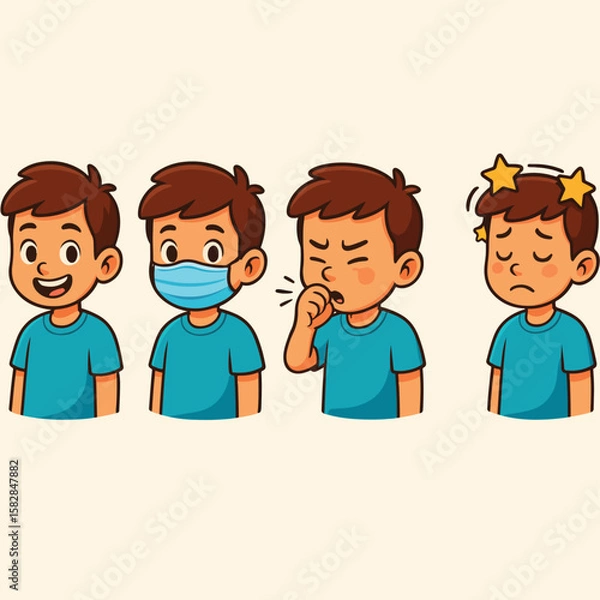 Fototapeta Childhood Wellness: Depicting a child's journey through various stages of health and illness. The illustration captures the emotional shifts, from jovial health to the discomfort of sickness.