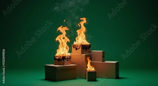 Fototapeta Burning Fire on Cardboard Boxes on Green Background
