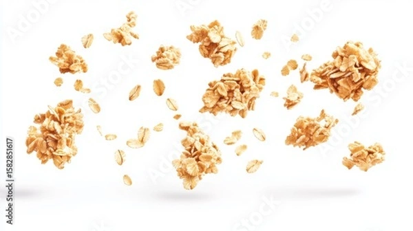 Fototapeta Intricate arrangement of natural oat granola clusters and whole rolled oats gracefully floating in midair on a pure white background