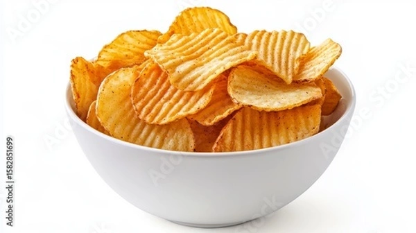 Fototapeta Overhead view of a white ceramic bowl generously filled with crispy golden potato chips on textured surface