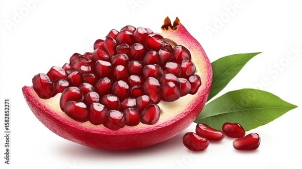 Fototapeta Vibrant Fresh Pomegranate Slice Displaying Glowing Ruby Red Seeds in a Naturally Curved Formation