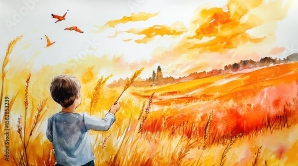 Obraz Step-by-step watercolor tutorial for kids, teaching fun and easy methods, cheerful and vibrant visuals