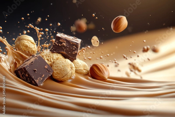 Fototapeta Delight in this macro shot showcasing thick chunks of dark chocolate surrounded by whole hazelnuts. The glossy melted chocolate splash adds a layer of indulgence to this gourmet treat.