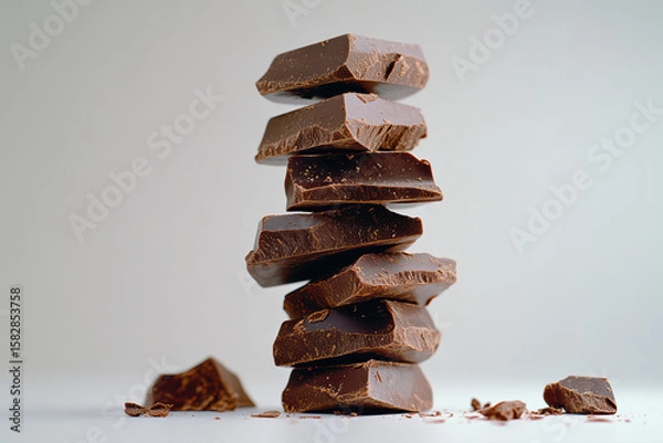 Fototapeta A minimalist stack of dark chocolate chunks forms a unique tower. Each piece is carefully rotated, offering a rustic and natural charm, perfect for gourmet dessert aficionados.
