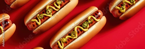 Fototapeta A visually striking arrangement of hot dogs on a vivid red backdrop. Each grilled sausage is nestled in a soft bun with mustard, enhanced by direct lighting casting dramatic shadows.