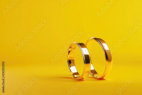 Fototapeta Elegant yellow gold wedding rings against a vivid yellow backdrop. The mix of matte and polished finishes creates a luxurious contrast, adding a contemporary flair to these timeless symbols of love.