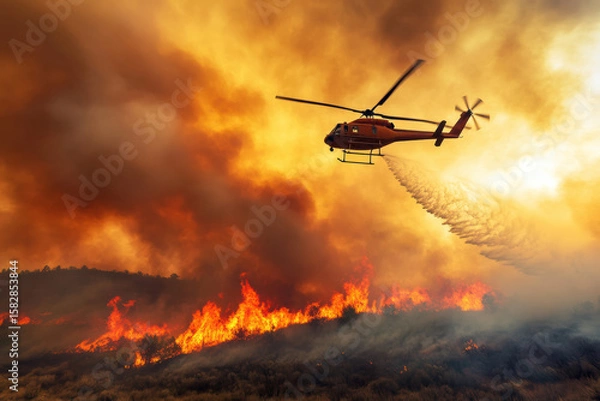 Fototapeta A firefighting helicopter drops fire retardant over a blazing hillside wildfire, with intense flames and swirling smoke adding to the dramatic, high-energy scene.