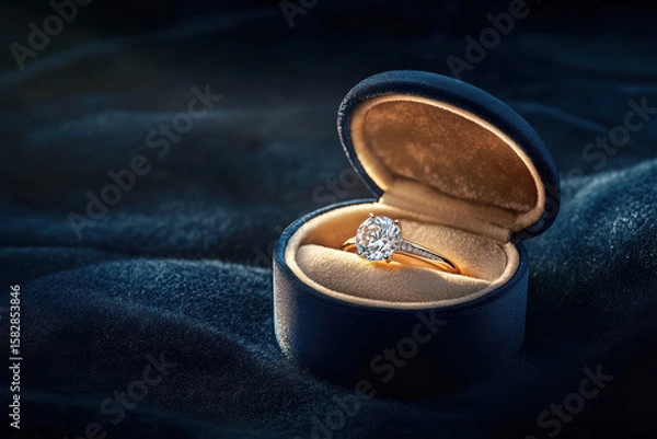 Fototapeta A stunning engagement ring featuring a brilliant-cut diamond set in a sleek platinum band. Nestled in a plush velvet box, this piece epitomizes luxury and elegance for a perfect proposal.