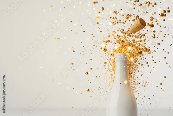 Fototapeta A sleek champagne bottle erupts with bubbling golden effervescence as the cork soars into the air. This sparkling pop captures the essence of celebration and luxury.