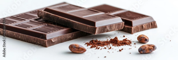 Fototapeta A glossy dark chocolate bar with a mirror-like finish, showcasing its neatly defined segments. Indulge in this luxurious confectionery, perfect for satisfying sweet cravings.