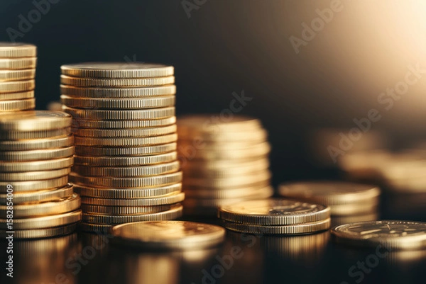 Fototapeta Symmetrical stacks of empty gold coins display striking wealth on a sleek black surface. The varying heights and orderly arrangement create an impressive visual of economic opulence.