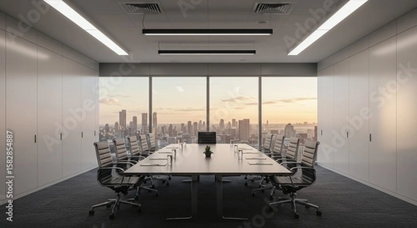 Fototapeta Modern Conference Room with Large Windows and City View in Bright Office Space