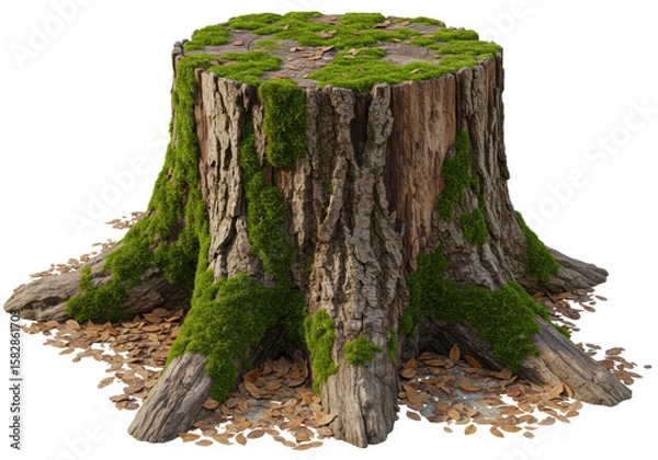Obraz Isolated Mossy Tree Stump Surrounded by Fallen Leaves