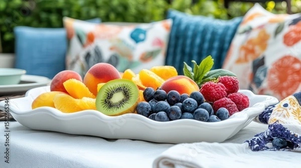 Obraz Vibrant summer fruit platter with a mix of fresh peaches, blueberries, and kiwi, elegantly displayed on a white ceramic dish, cozy backyard picnic setup.