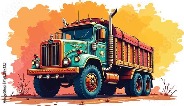 Fototapeta Colorful Dump Truck Duo Desert Realism and Monochrome Sketch Vector Art
