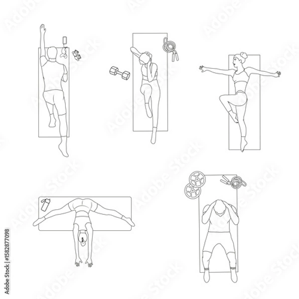 Fototapeta Top View Vector Set of People Working Out in Gym with Fitness Equipment — Gym Layout Illustration