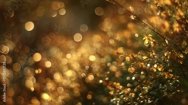 Fototapeta Golden glitter bokeh light dust with sparkling festive christmas particles background