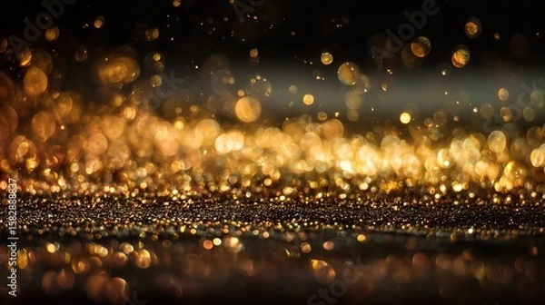 Fototapeta Golden glitter bokeh light dust with sparkling festive christmas particles background