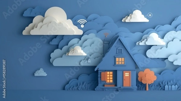 Fototapeta Minimal paper art of a cozy home with layered paper clouds and floating icons of security, Wi-Fi, and solar energy — smart home business concept