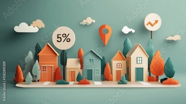 Fototapeta Paper art scene with a street of houses and floating icons: price tag, map pin, home value arrow — real estate app UI vibe