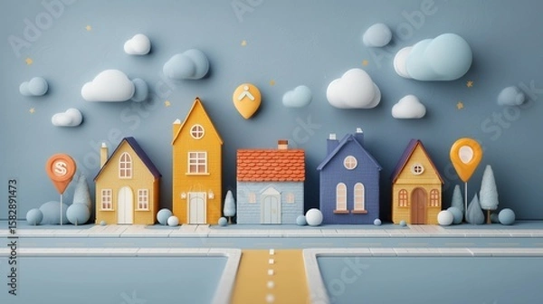 Fototapeta Paper art scene with a street of houses and floating icons: price tag, map pin, home value arrow — real estate app UI vibe