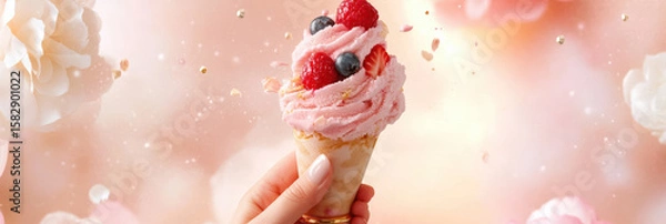 Fototapeta A dreamy collage showcases a fair-skinned hand adorned with gold rings, holding berry ice cream. Surrounded by delicate clouds and flowers, the pastel watercolor texture sets a calm, airy mood.