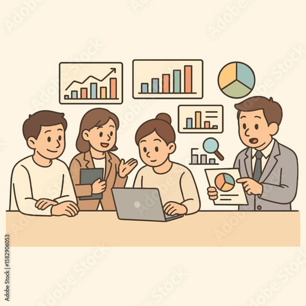 Fototapeta Business Meeting Analysis  A team of business professionals gathers around a table, engrossed in data analysis and strategic planning, with charts and graphs visible in the background.