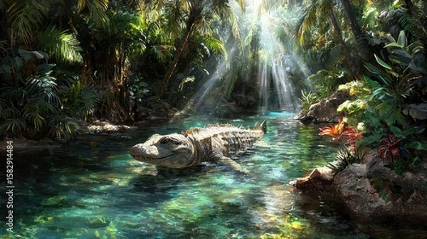 Obraz Crocodile in a Lush Tropical Stream