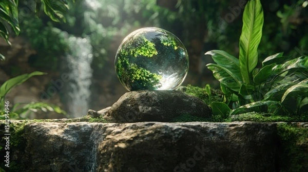 Obraz Crystal Globe in Lush Tropical Waterfall Setting