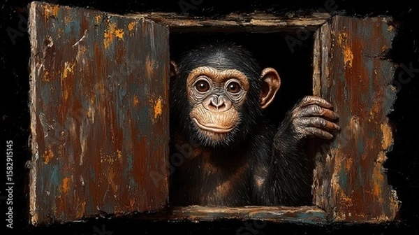 Obraz Curious Young Chimpanzee Peeking from Rustic Wooden Frame