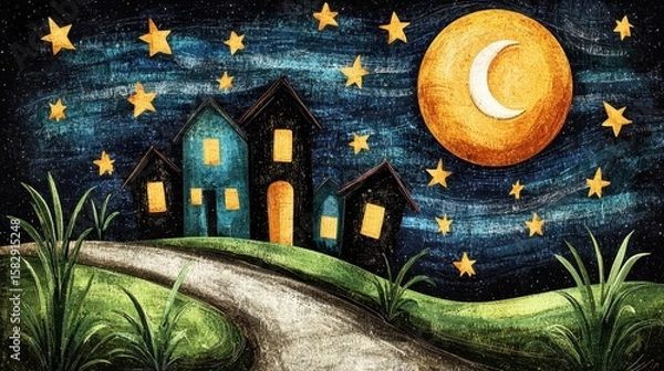 Obraz Curving Road Leading to a Starlit Village Under a Crescent Moon