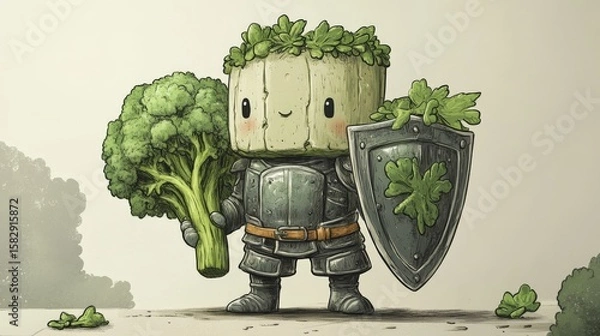 Fototapeta Cute tofu knight holding broccoli and shield with parsley decoration