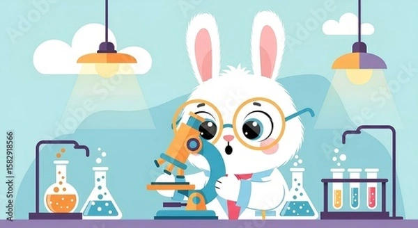 Fototapeta Cute white rabbit scientist examines a microscope in a cartoon laboratory setting.