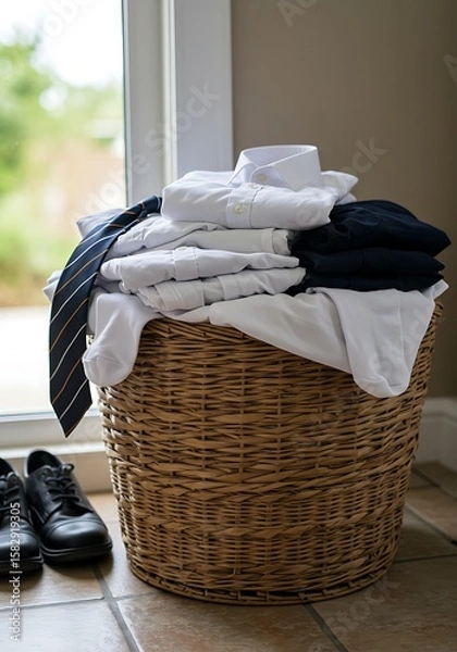 Fototapeta A wicker basket holds neatly folded laundry, including shirts and a tie.