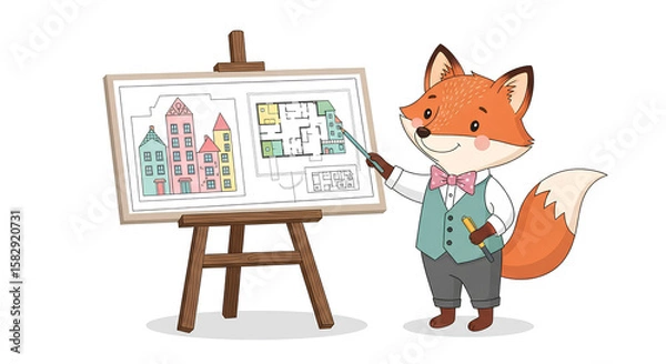 Fototapeta A cartoon fox, dressed formally, presents architectural blueprints on an easel.