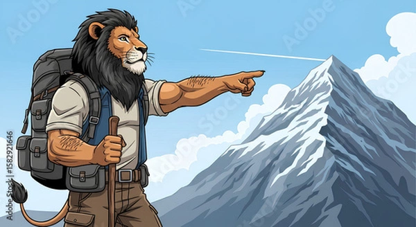 Fototapeta Cartoon lion hiker with backpack and walking stick pointing towards a snow-capped mountain peak under a blue sky.