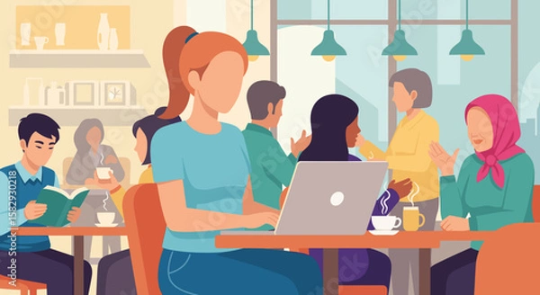 Fototapeta Modern illustration of diverse people working and socializing in a trendy cafe, ideal for landing pages, banners, marketing presentations, and website design projects, showcasing flat design style